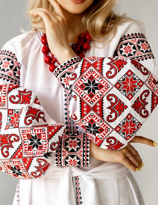 Ukrainian long embroidered dress "Do Peremohy" white