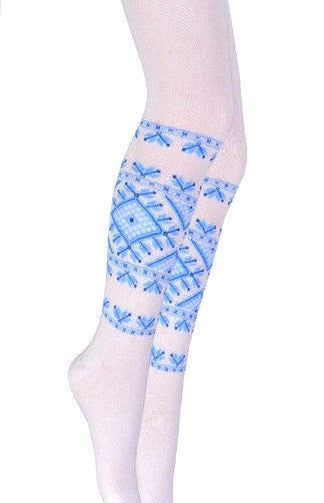 Girl's dress tights with blue embroidery design
