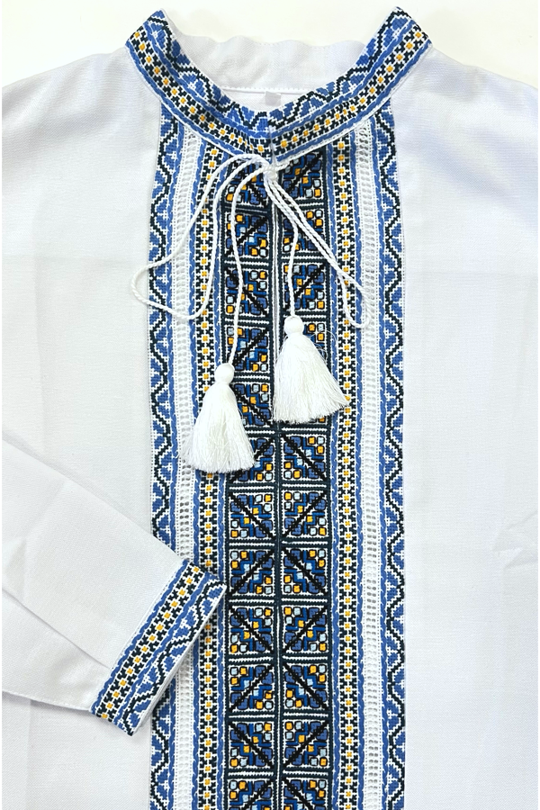 Men's white Vyshyvanka with hand embroidery. Blue and yellow