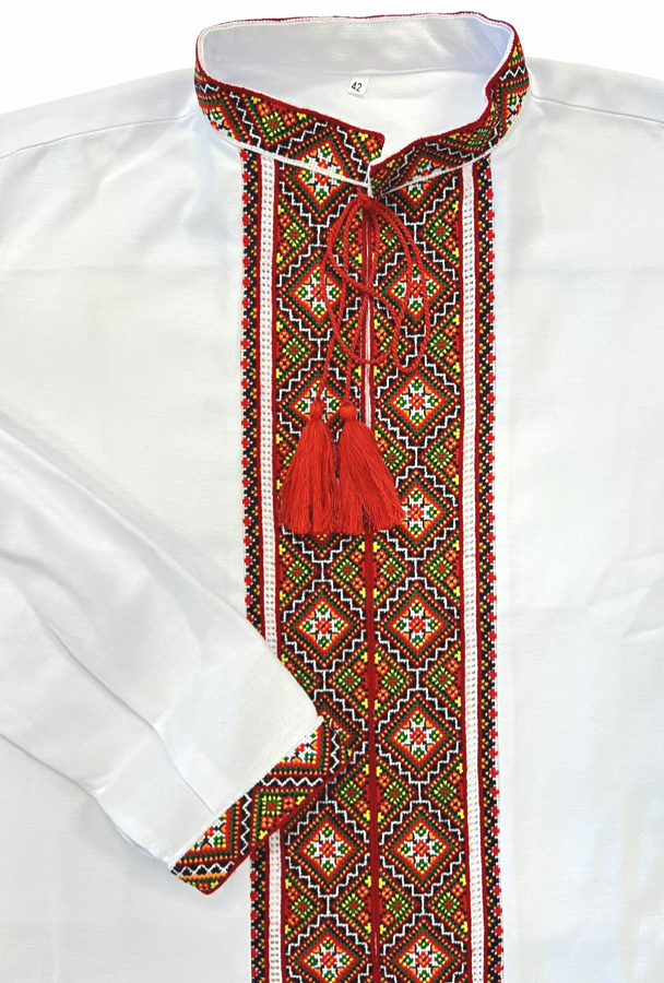 Men's white Vyshyvanka with hand embroidery. Red