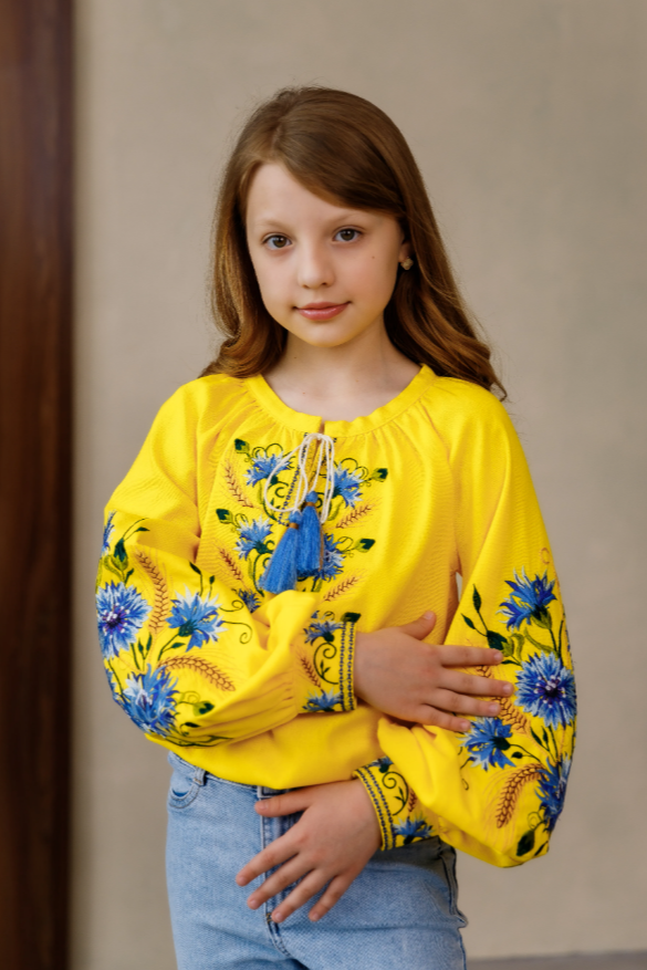 Girl's yellow blouse with blue embroidery "Cornflower"