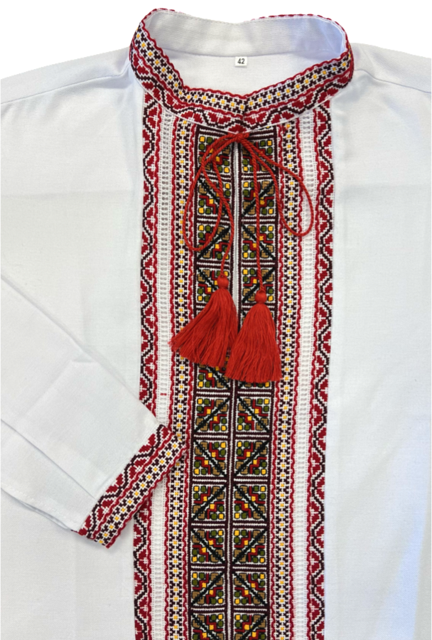 Men's white Vyshyvanka with hand embroidery. Maroon