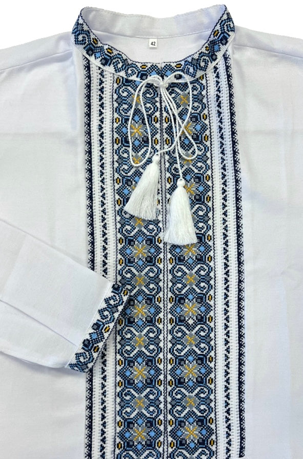 Men's white Vyshyvanka with hand embroidery. Dusty blue