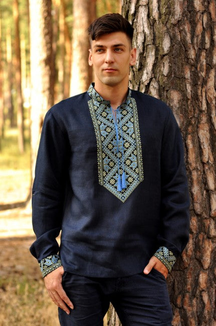 Men's "Alatyr" Vyshyvanka navy linen with blue and yellow embroidery