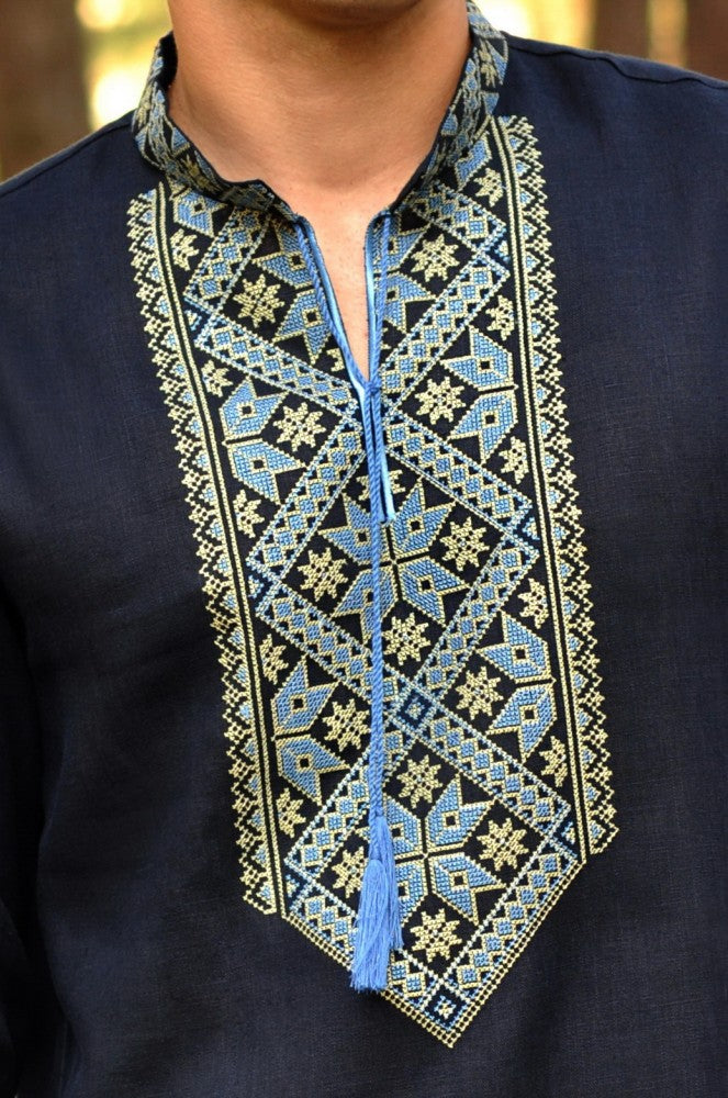 Men's "Alatyr" Vyshyvanka navy linen with blue and yellow embroidery