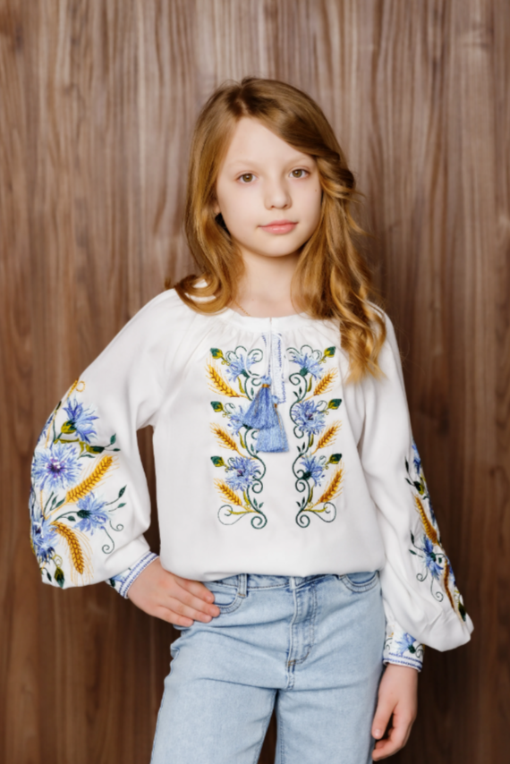 Girl's "Cornflower" white blouse with blue embroidery