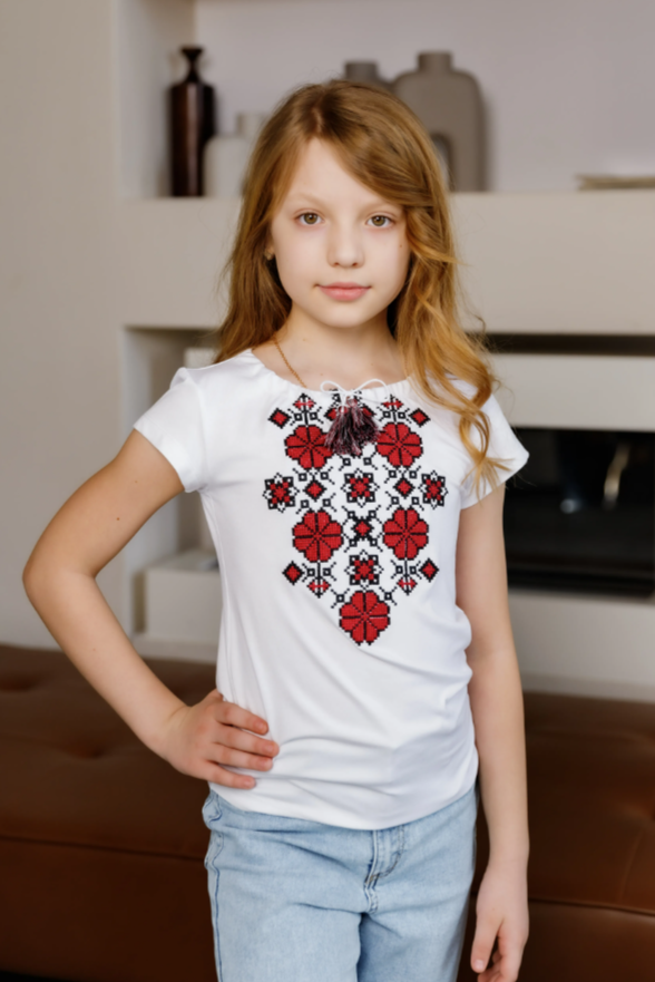 Girl's "Kvitana" short sleeve embroidered white shirt "Kvitana" red