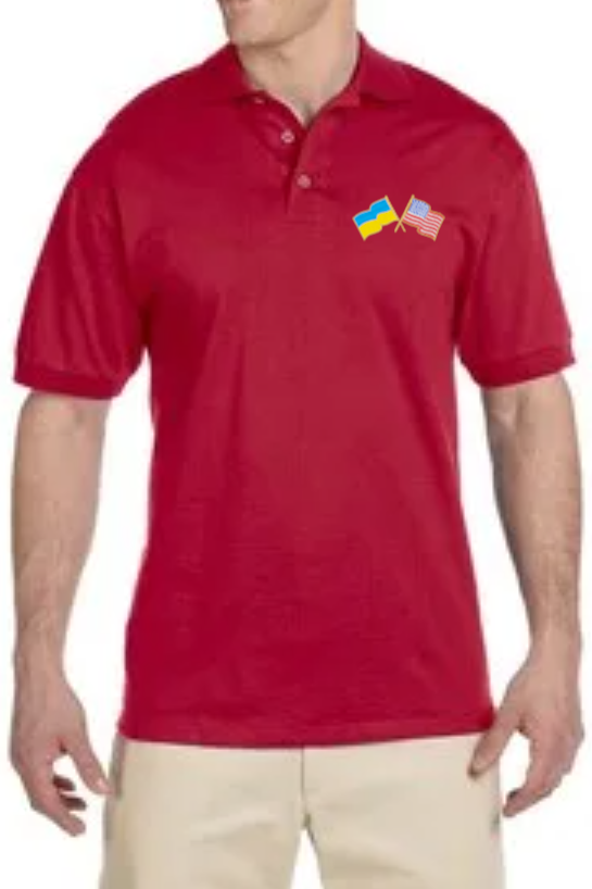 Men's cotton polo shirt with Ukrainian and American flags