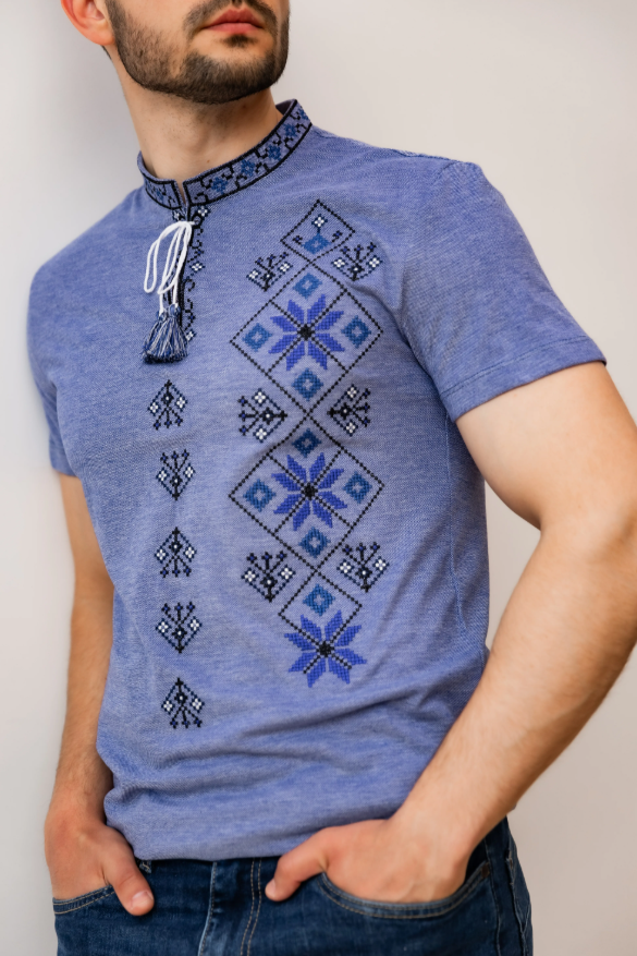 Men's "Svit" short sleeve blue shirt with blue embroidery