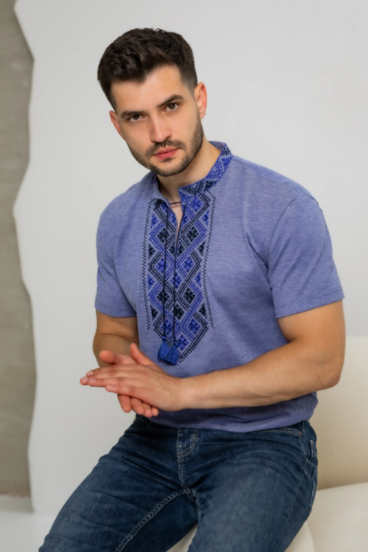 Men's short sleeve blue shirt with black embroidery "Heritage"
