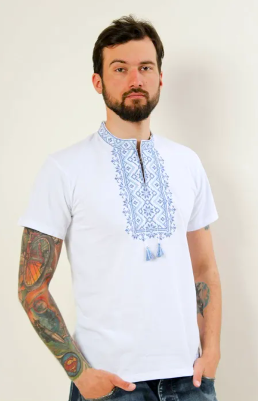 Men's "Zoryan" short sleeve white shirt with blue embroidery