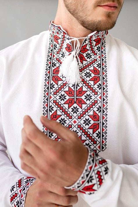 Men's white Vyshyvanka with red and black embroidery