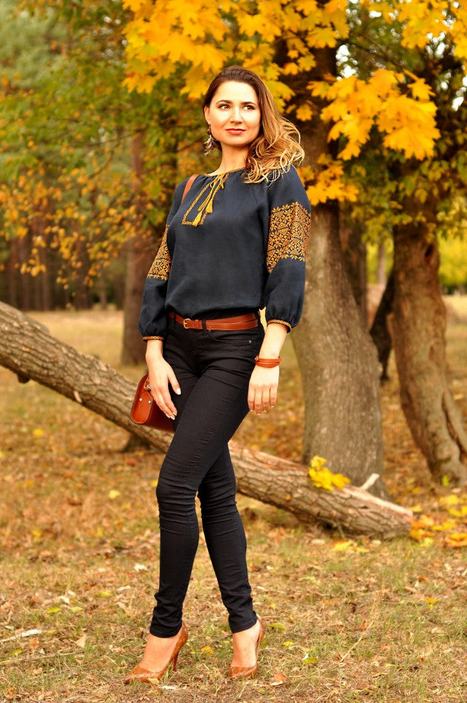 Women's linen Vyshyvanka. Navy shirt with orange embroidery