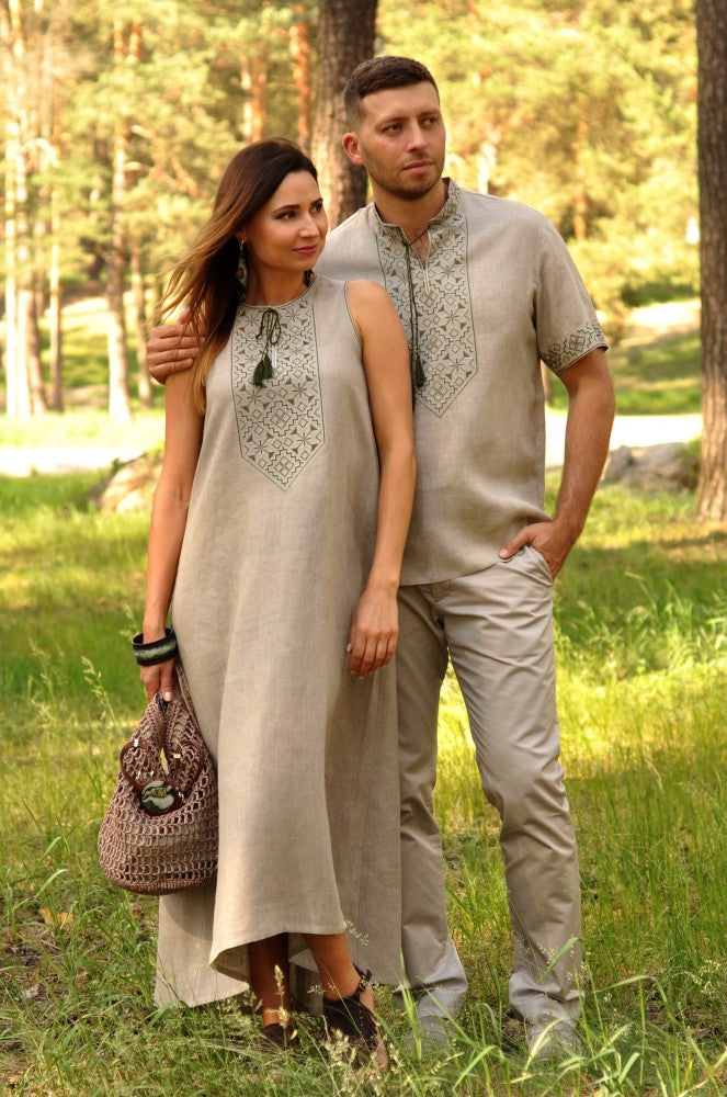 Women's embroidered sleeveless dress. Unbleached linen.