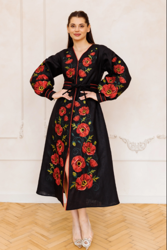 Ukrainian embroidered eco dress "Poppy dream" black