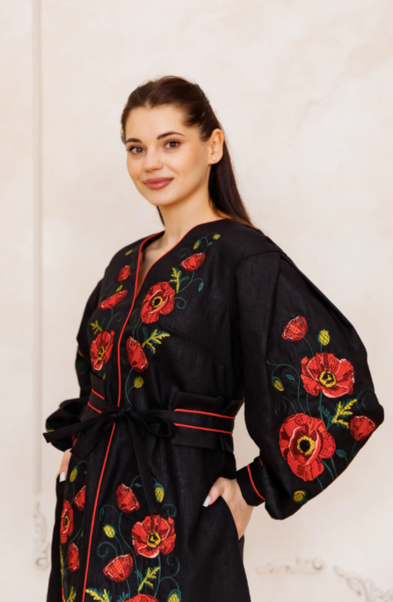 Ukrainian embroidered eco dress "Poppy dream" black