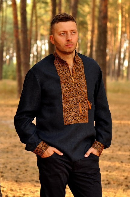 Men's linen Vyshyvanka. Navy shirt with orange embroidery