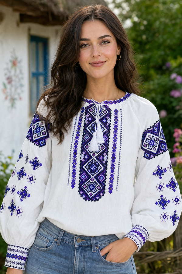 Ukrainian women's "Oksana" embroidered blouse. Purple