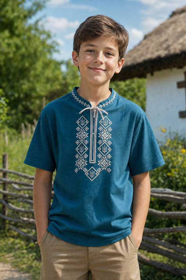 Boy's embroidered shirt. Dark green