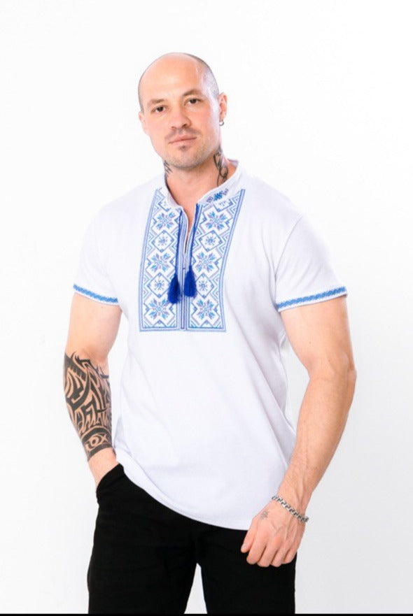 Men's short sleeve white shirt with blue embroidery