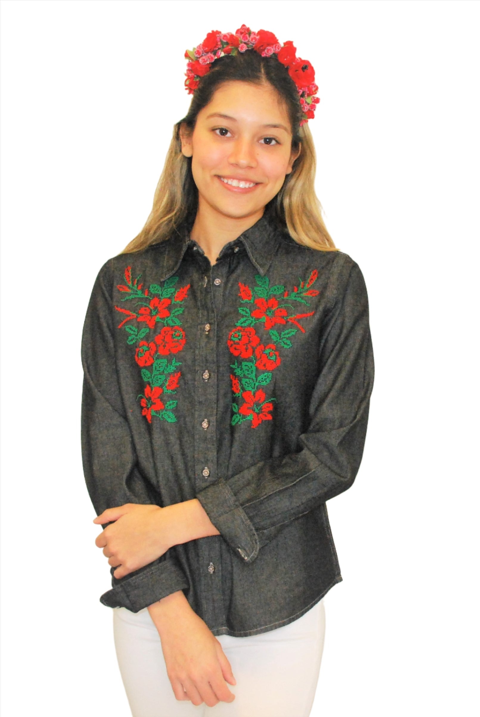 Women's embroidered black denim shirt