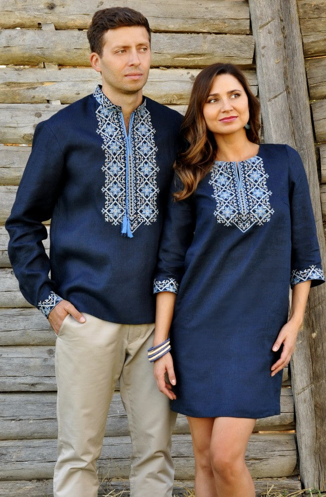 Women's embroidered navy linen dress "Sumy"