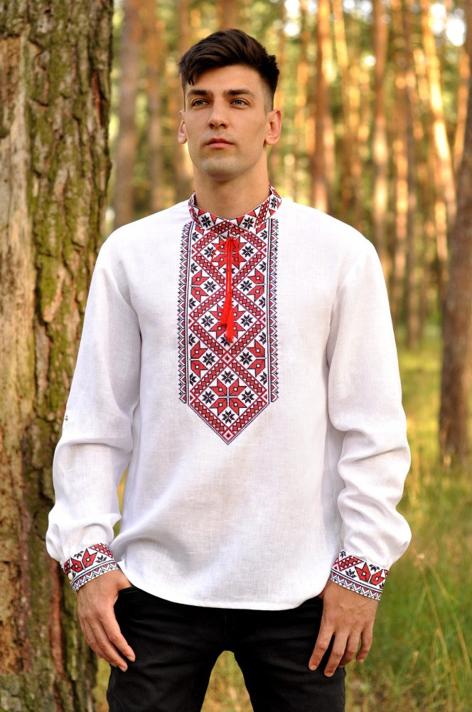 Men's white Vyshyvanka with red and black embroidery