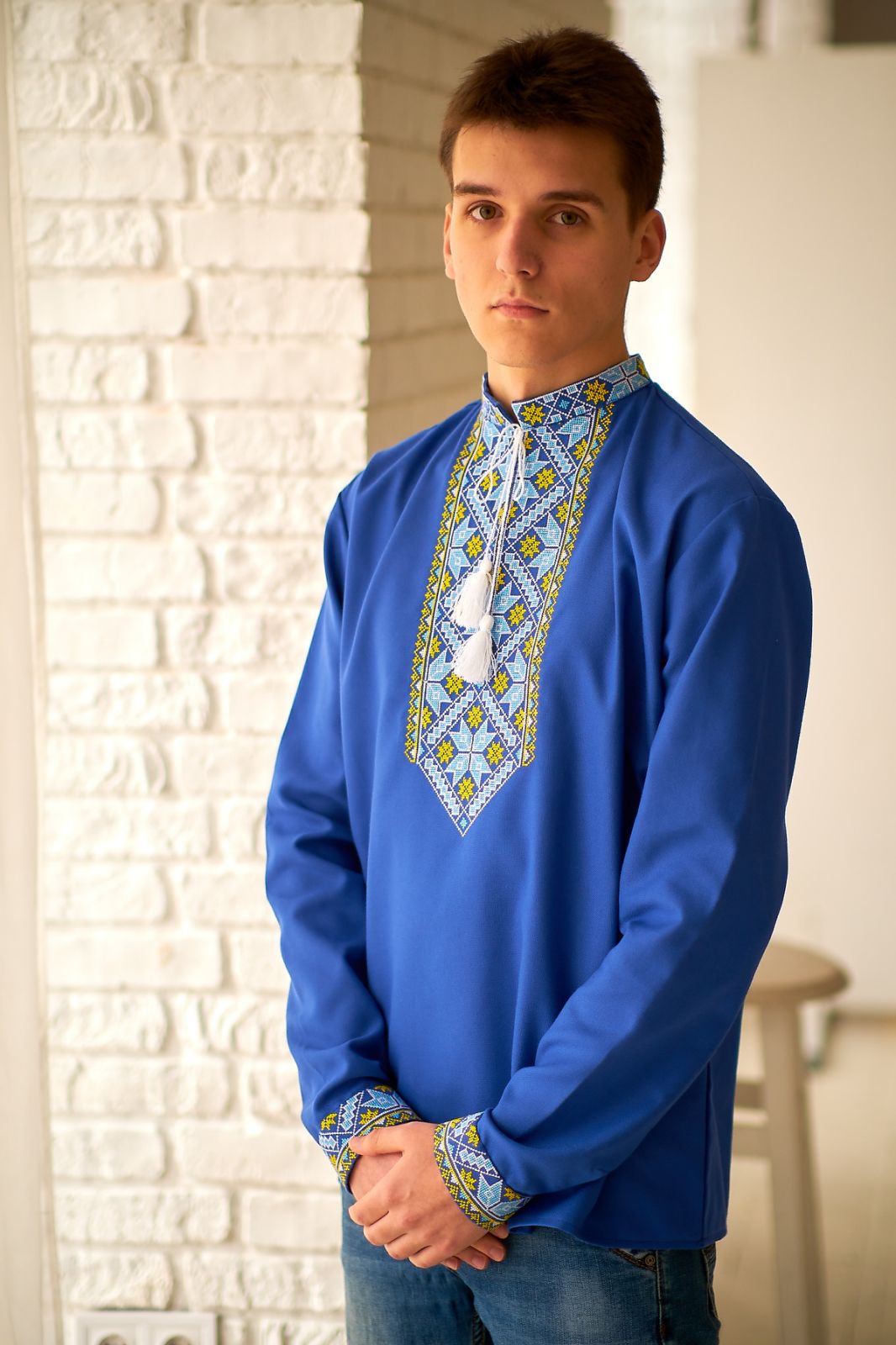 Men's blue Vyshyvanka with blue and yellow embroidery