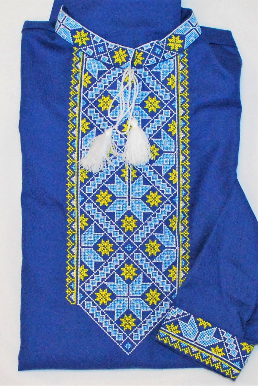 Men's blue Vyshyvanka with blue and yellow embroidery