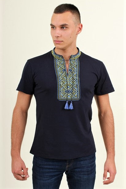 Men's short sleeve navy shirt with blue & yellow embroidery "Ridna"