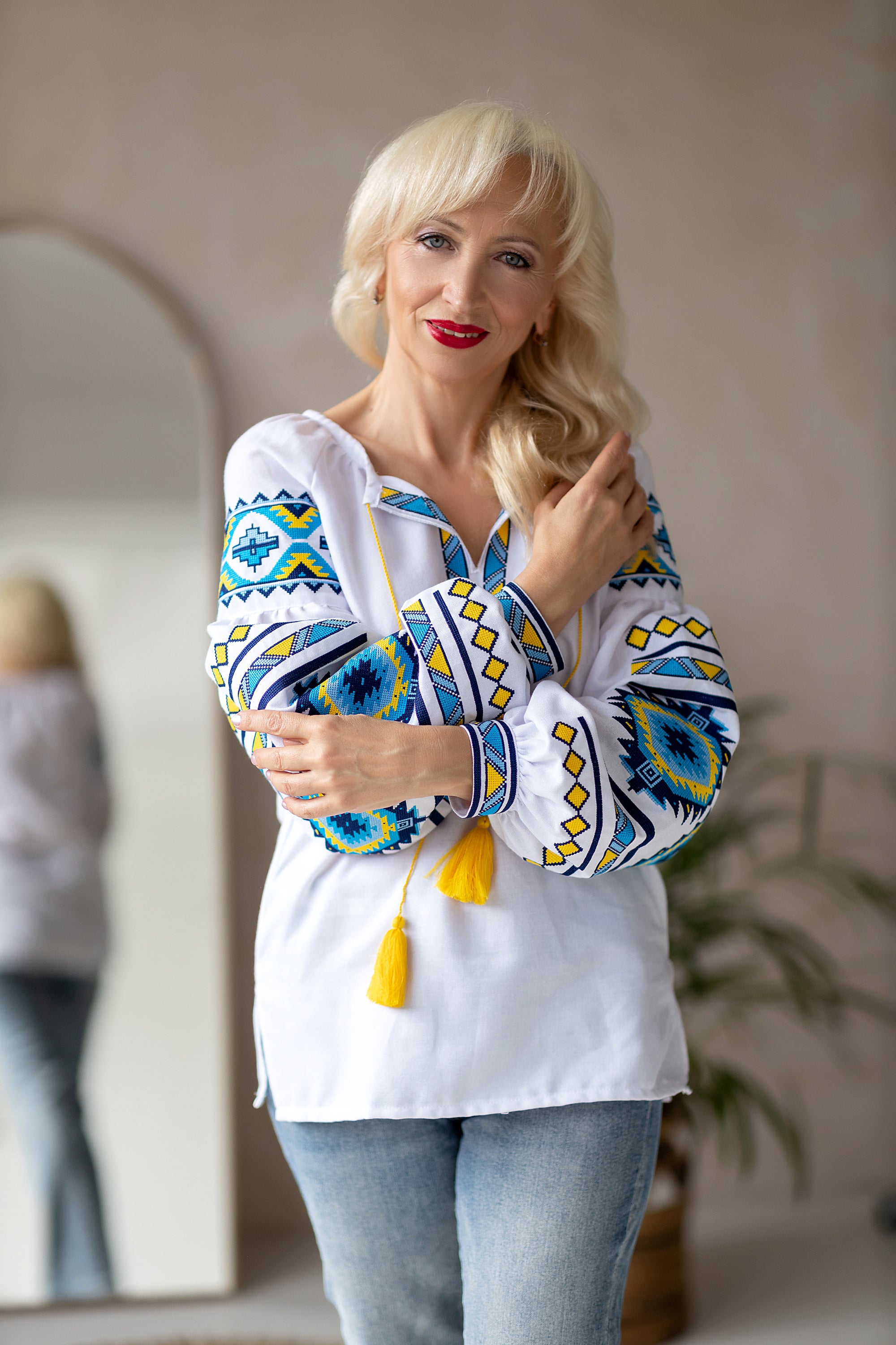 Ukrainian cotton blouse "Peremoha" Blue and yellow