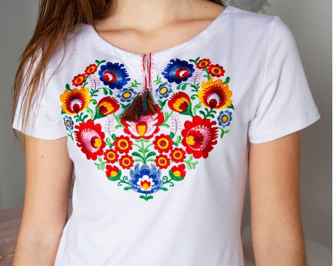 Women's short sleeve white shirt with floral embroidery "Kvity"