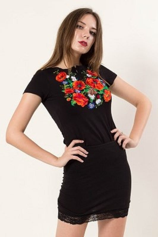 Women's short sleeve shirt with real embroidery "Blossomy". Black